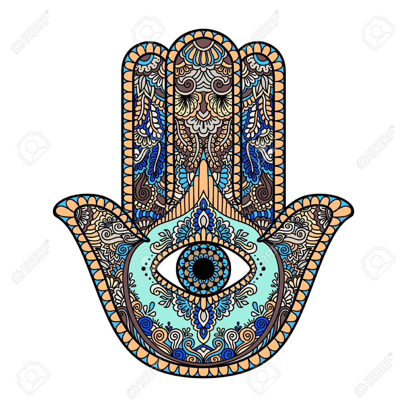 multicolored illustration of a hamsa hand symbol hand of fatima