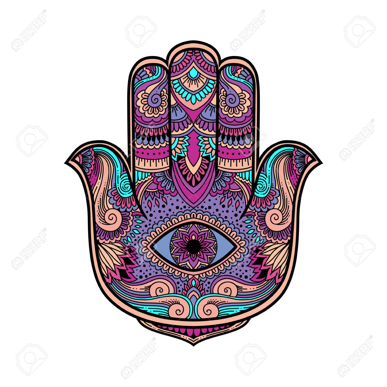 multicolored illustration of a hamsa hand symbol hand of fatima