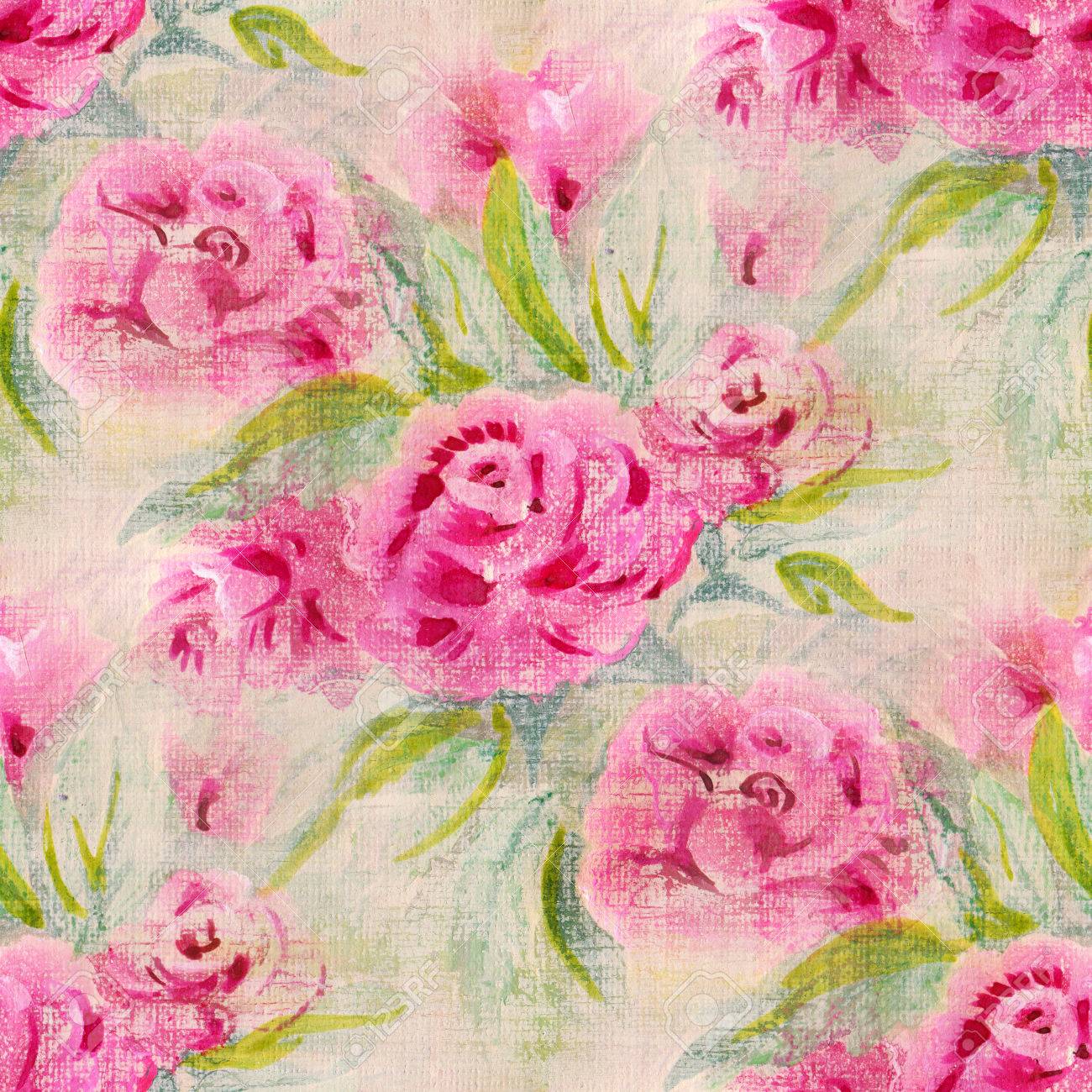 ピンクの花 カラフルな背景 アクリル絵の具 シームレス パターン 手描きのイラスト の写真素材 画像素材 Image