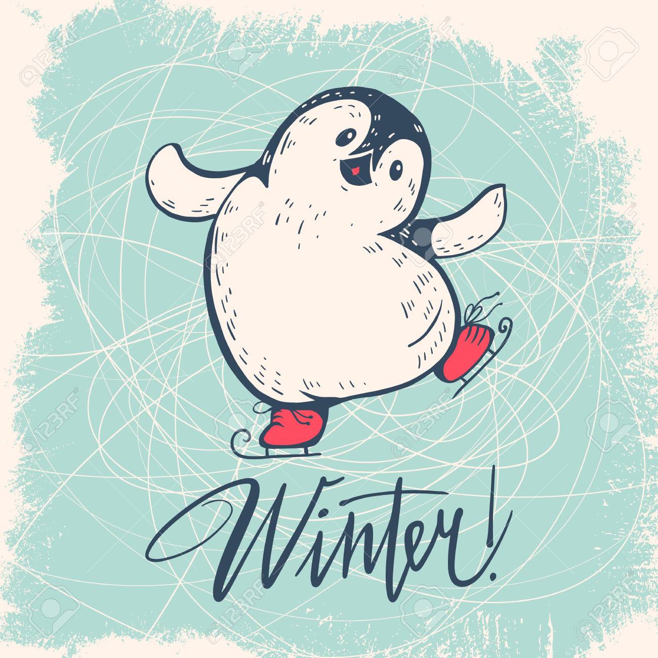 Winter Illustration With Funny Cartoon Penguin On Skates Vector Stock Photo Picture And Royalty Free Image Image 65649635 winter illustration with funny cartoon penguin on skates vector
