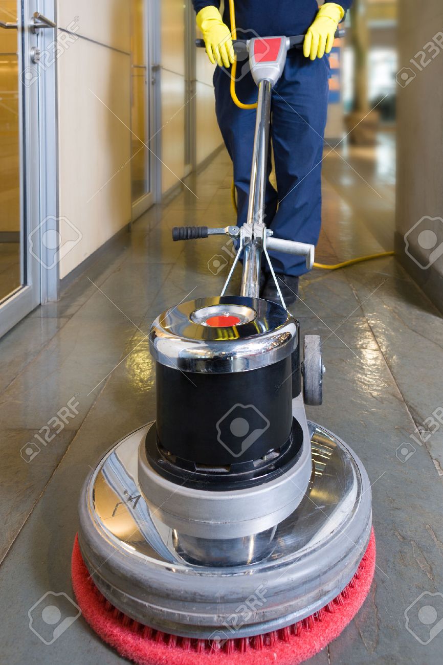Industrial Buffing Machine Polishing The Floor In A Hallway Stock