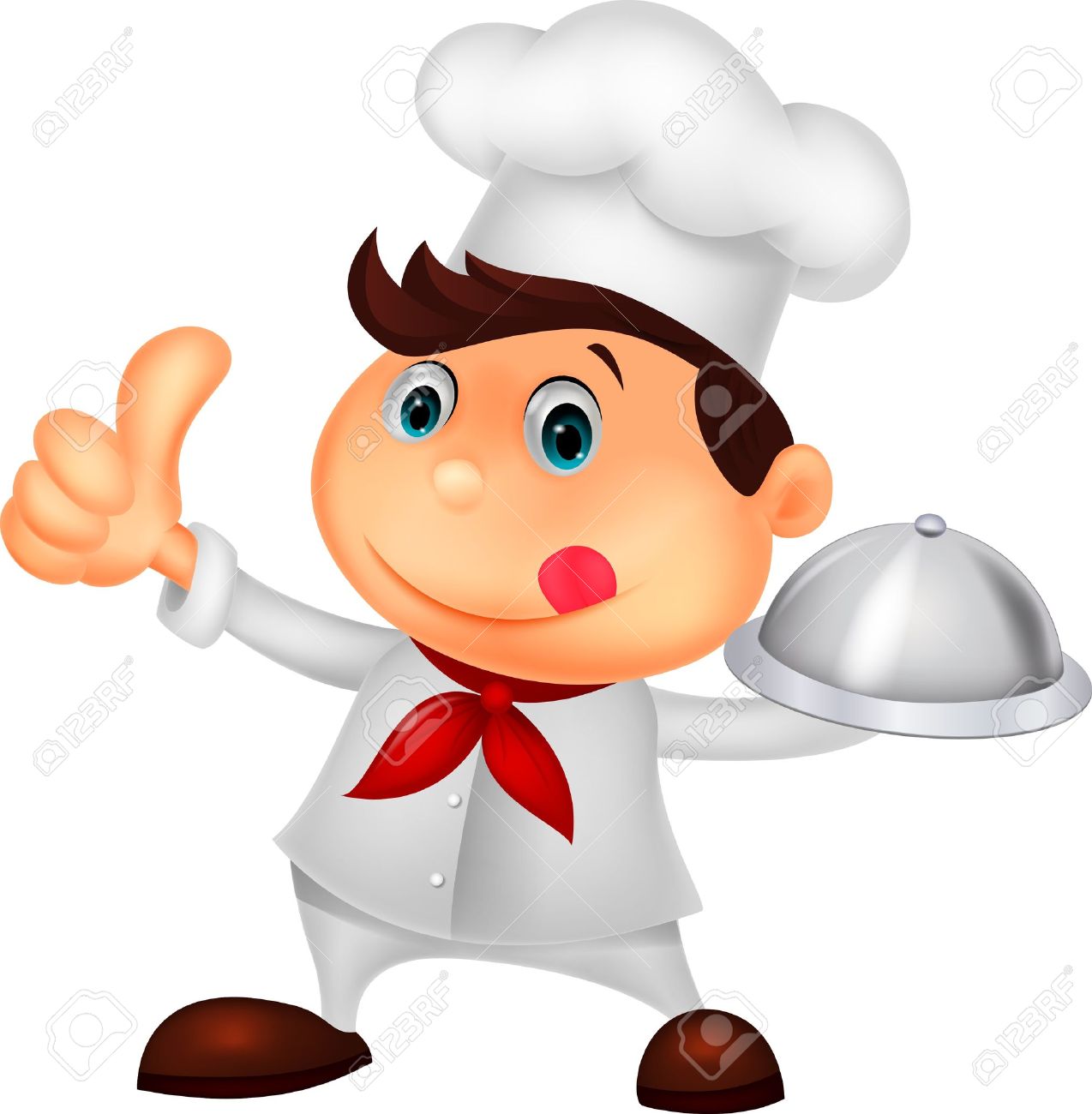 Chef De Dibujos Animados Sosteniendo Un Plato De Comida De Metal Y