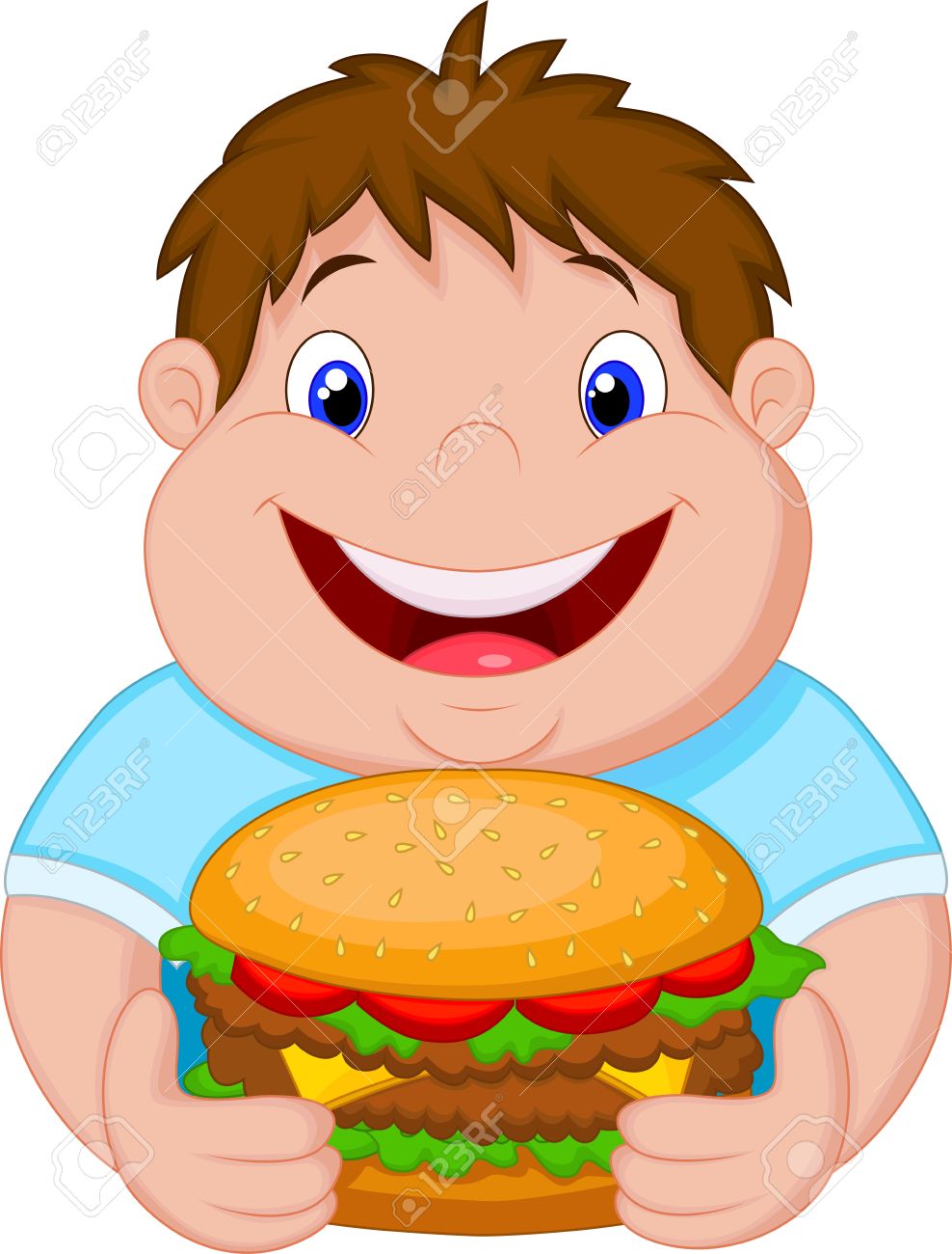 Fat Dessin Anime Garcon Souriant Et Pret A Manger Un Hamburger Big Clip Art Libres De Droits Vecteurs Et Illustration Image