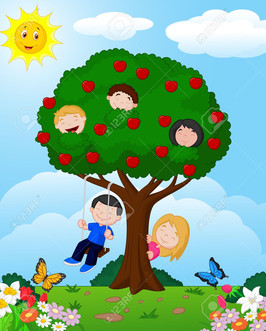 Cartoon Children Playing Illustration In An Apple Tree Royalty Free  Cliparts, Vectors, And Stock Illustration. Image 27656513.