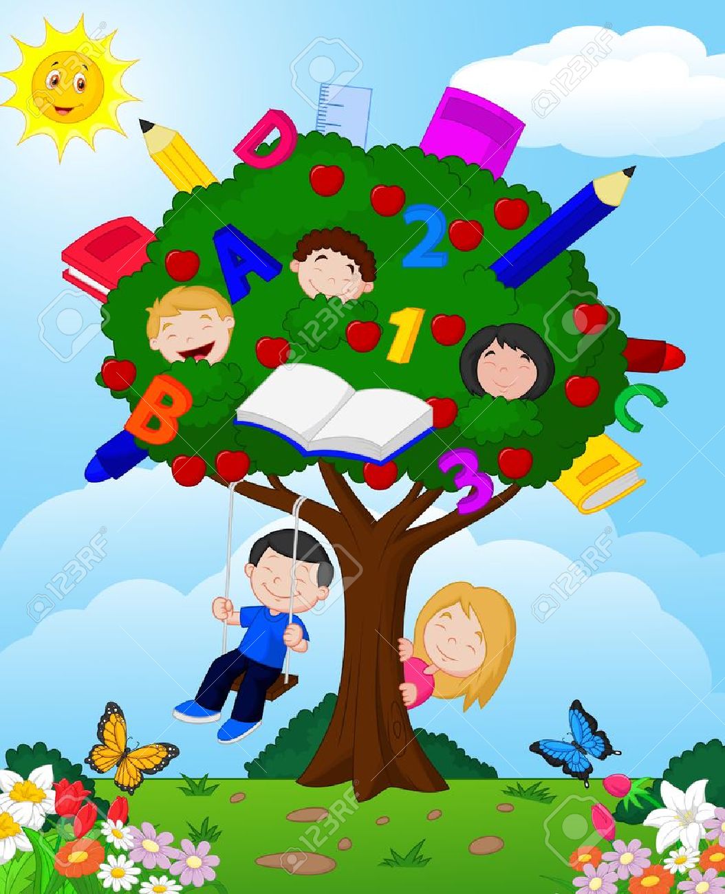 Niños De La Historieta Que Juegan En Un árbol De Manzanas Ilustraciones  Vectoriales, Clip Art Vectorizado Libre De Derechos. Image 27656861.