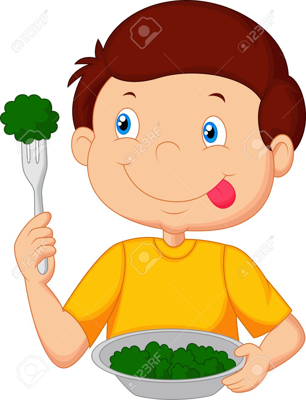 cute little boy eats vegetable using fork royalty free cliparts