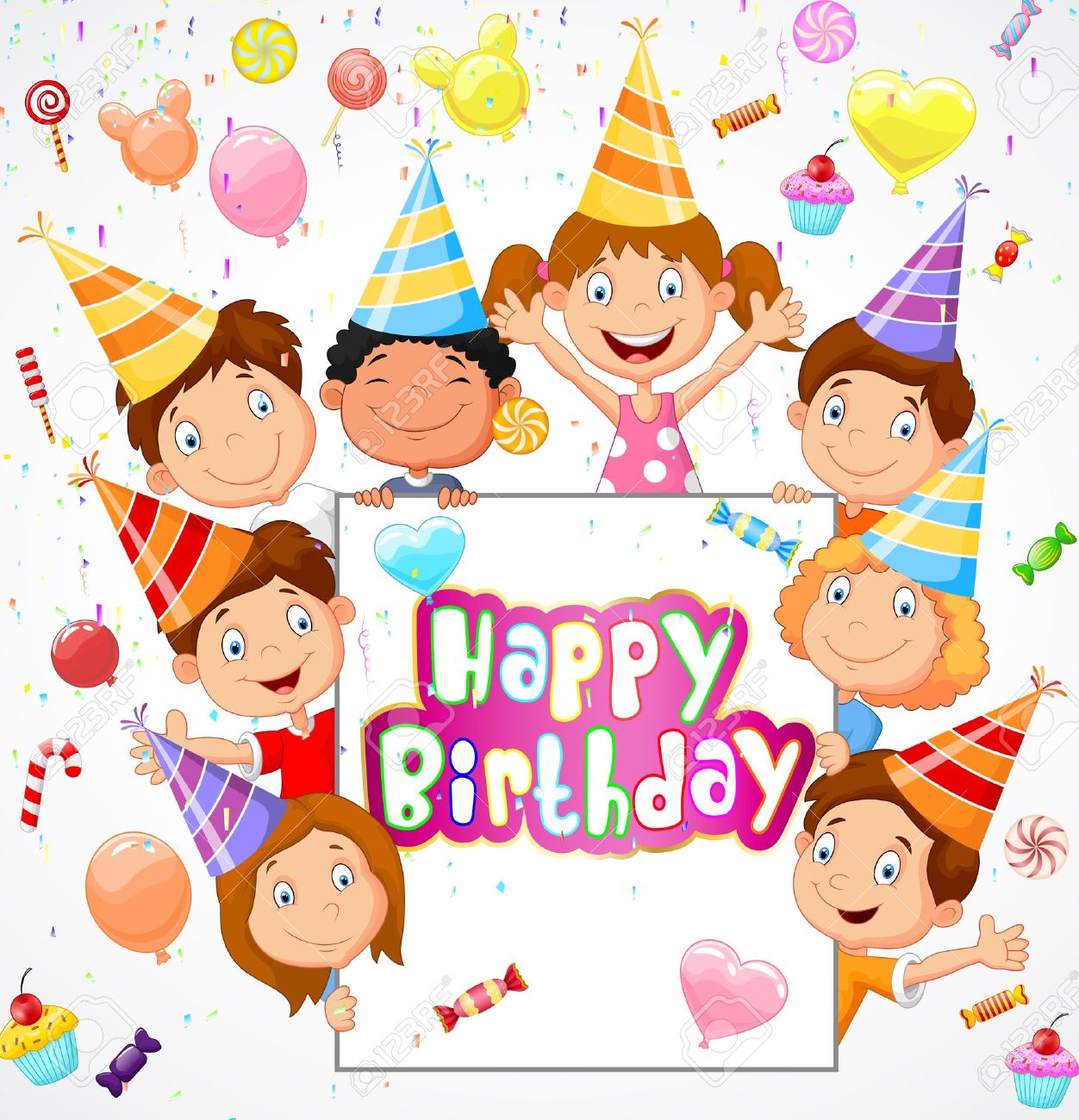 Fondo De Cumpleaños Con Niños Felices De Dibujos Animados Ilustraciones  Svg, Vectoriales, Clip Art Vectorizado Libre De Derechos. Image 35834648.