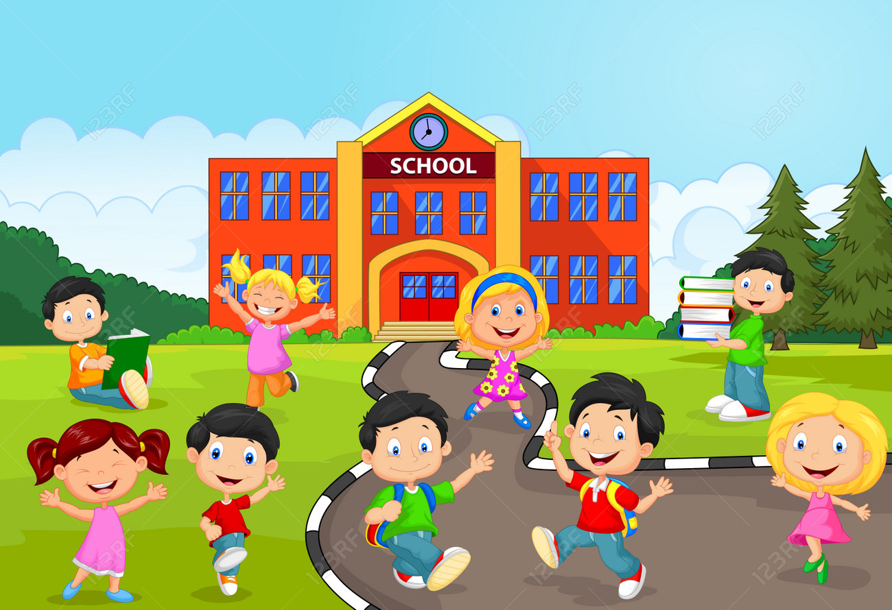 happy school children cartoon in front of school royalty free kids in school cartoon