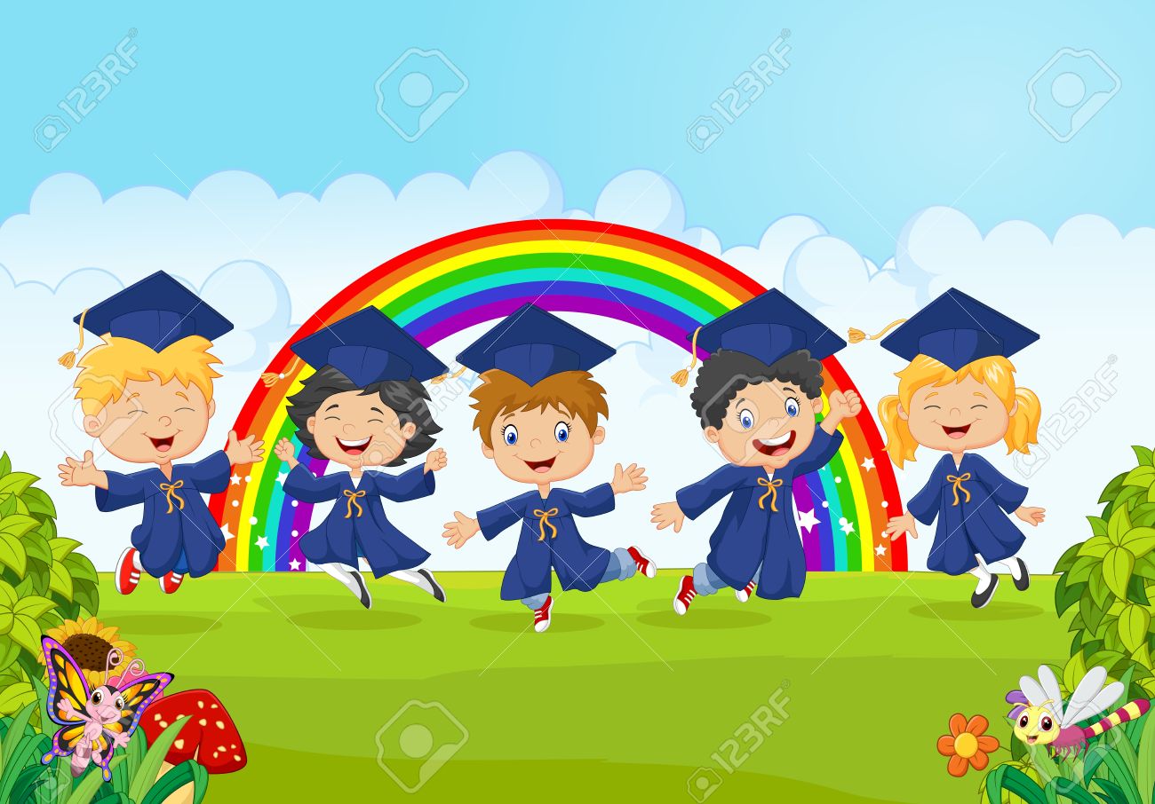幸せな小さな子供のイラスト 自然の背景で卒業を祝うのイラスト素材 ベクタ Image 幸せな小さな子供のイラスト 自然の背景で卒業を祝うのイラスト素材 ベクタ Image