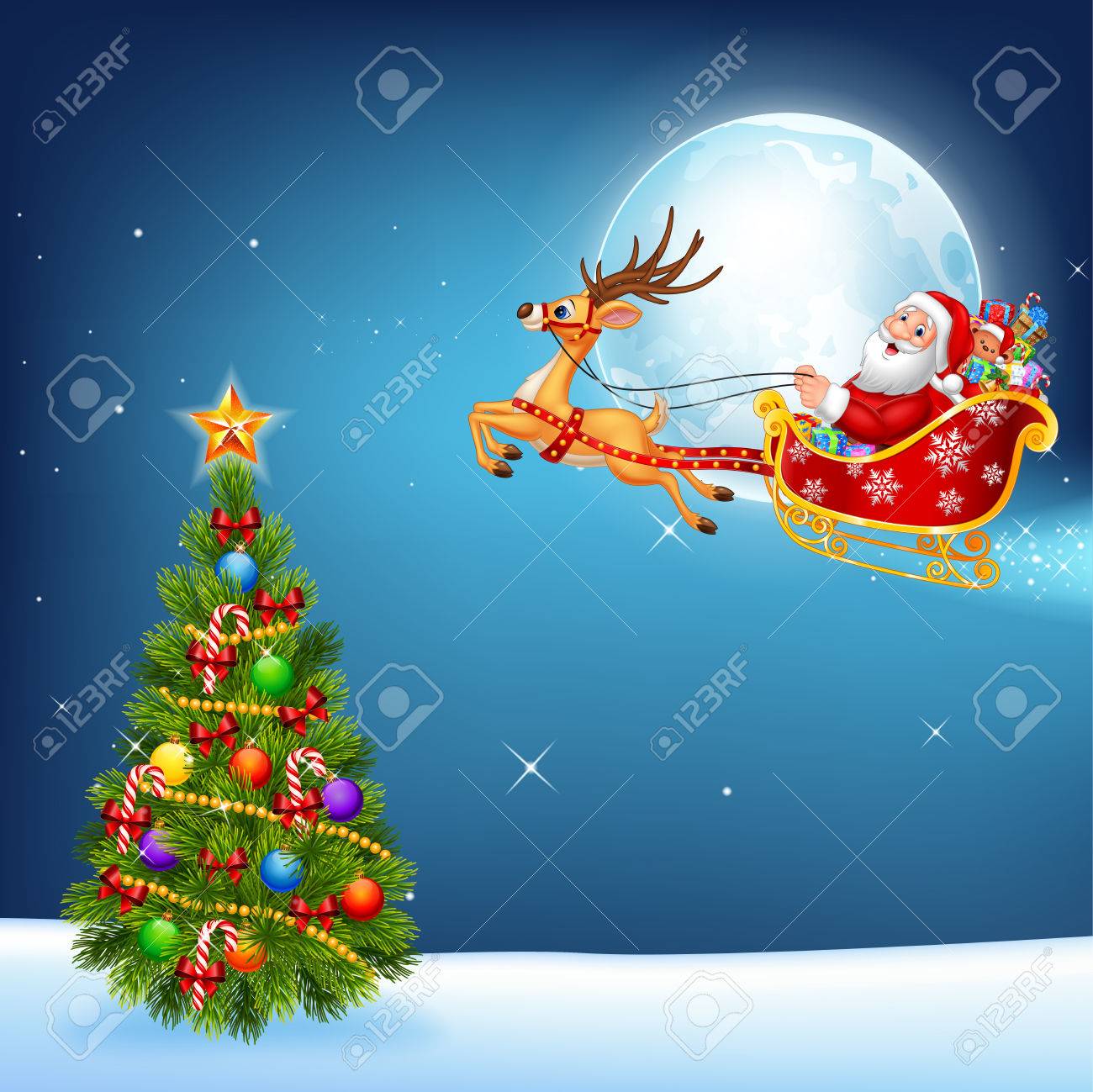 彼のクリスマスそりを引いているトナカイでハッピー サンタのベクトル イラストのイラスト素材 ベクタ Image 彼のクリスマスそりを引いているトナカイでハッピー サンタのベクトル イラストのイラスト素材 ベクタ Image