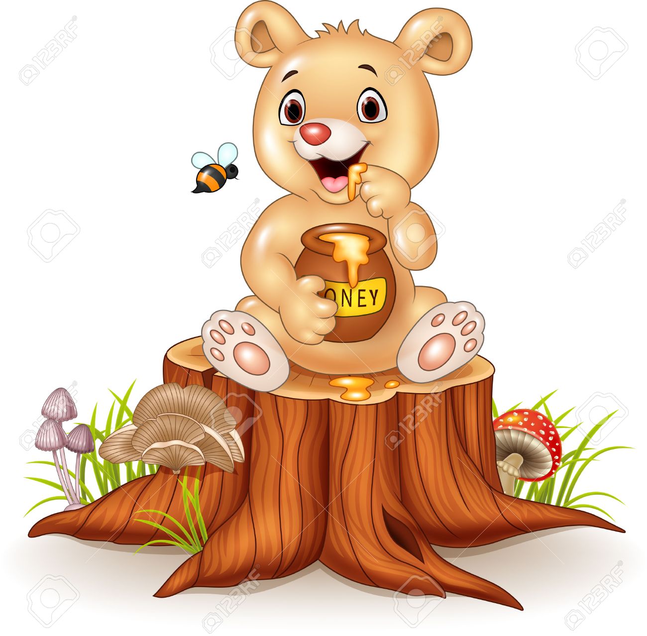 Vektor Illustration Von Cartoon Funny Baby Baren Mit Honigtopf Auf Baumstumpf Lizenzfrei Nutzbare Vektorgrafiken Clip Arts Illustrationen Image 54201709