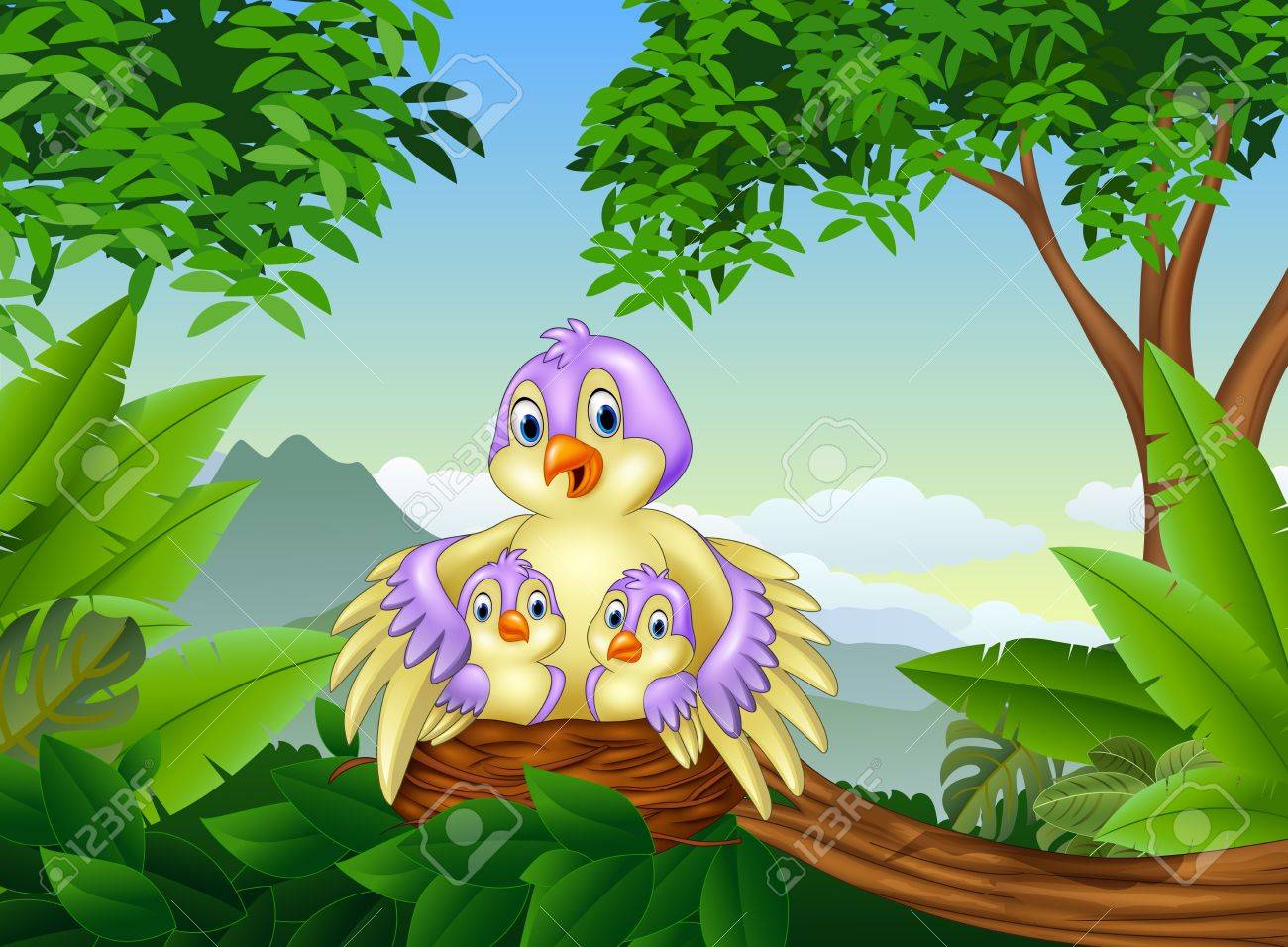 巣の彼女の 2 つの赤ちゃんと母親のイラストの鳥します のイラスト素材 ベクタ Image 巣の彼女の 2 つの赤ちゃんと母親のイラストの鳥します のイラスト素材 ベクタ Image