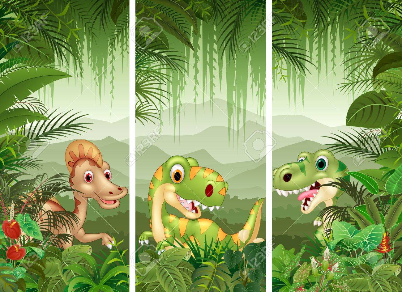 illustration of set of dinosaur with tropical forest background animated forest background