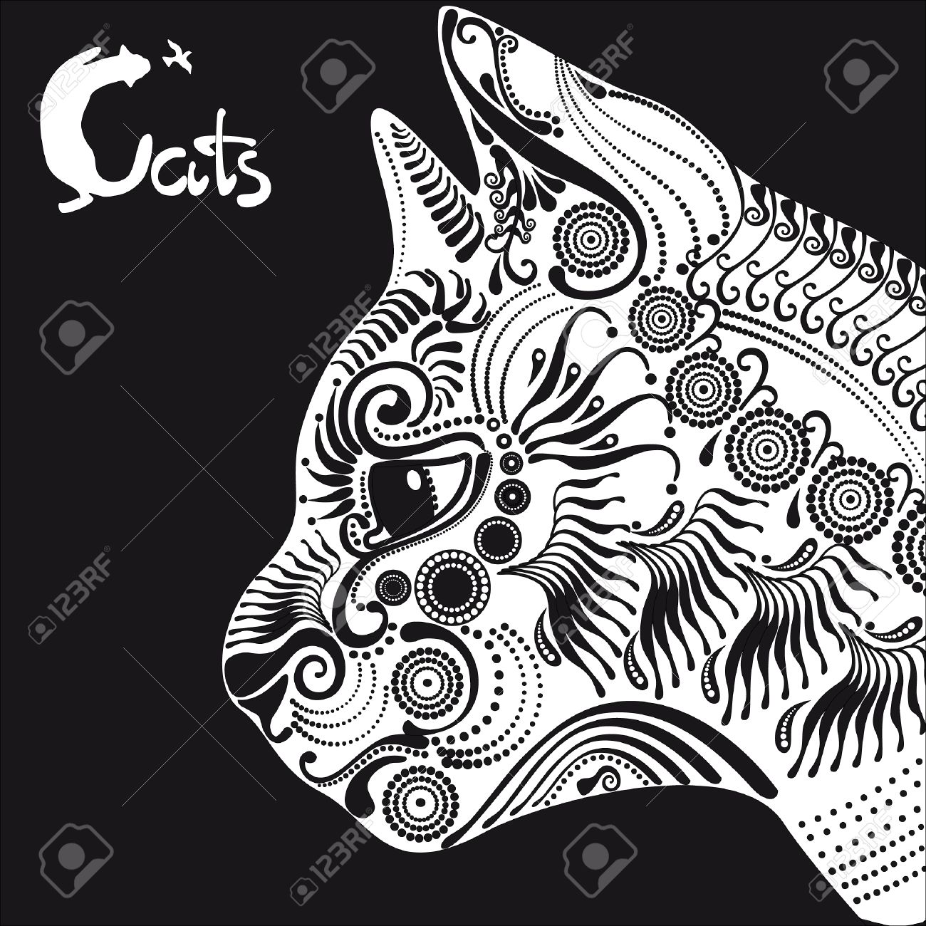 black and white cat decorative pattern for a tattoo or stencil stencil
