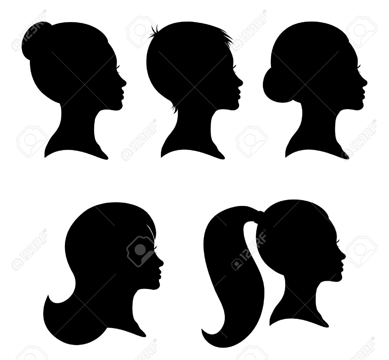 白で隔離される別の髪型を持つプロファイルから女性のシルエットのコレクションのイラスト素材 ベクタ Image