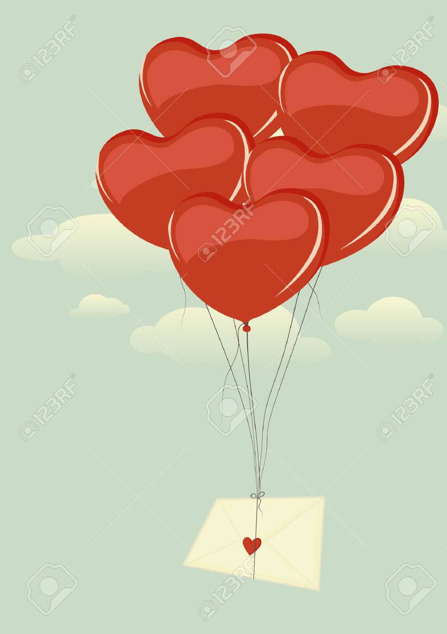 Umschlag Mit Herz Auf Einem Bundel Von Herzformigen Luftballons