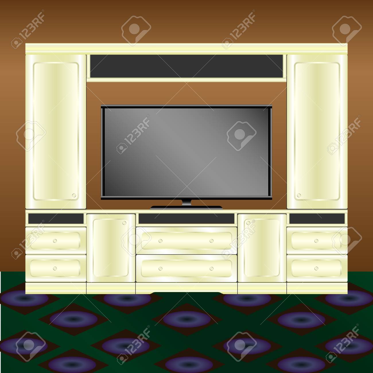 茶色の壁の背景にリビングルームの家具やテレビ のイラスト素材 ベクタ Image