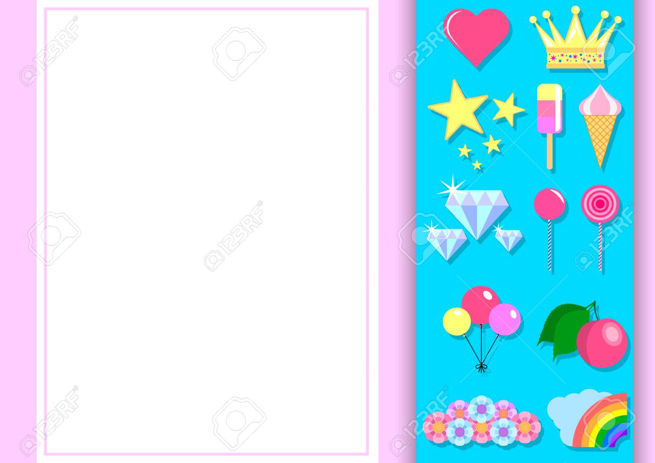 Set Of Items For Girls. Typographic Design For Greeting, Birthday, Invitation  Card. Balloon, Rainbow, Sweets And Other Objects With Light Pink Background.  Vector Illustration Royalty Free SVG, Cliparts, Vectors, And Stock  Illustration.