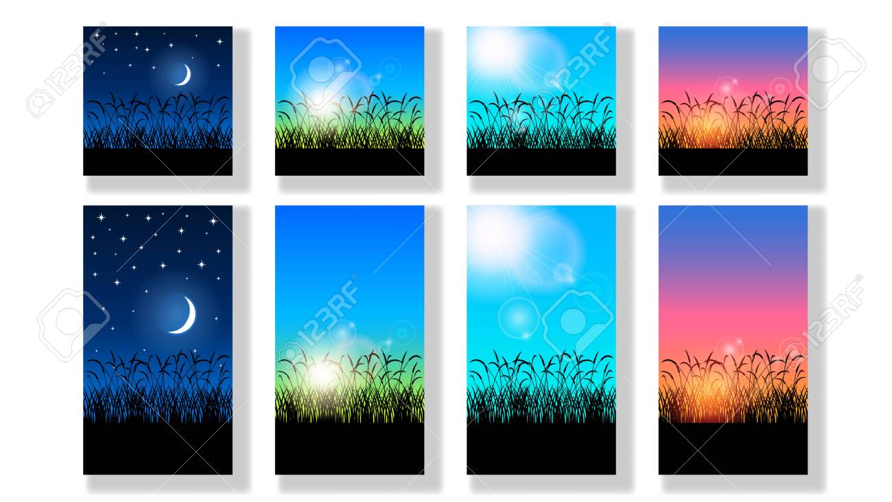 Set Realistic Beautiful Colorful Nature Landscapes Silhouette Black Grass And Different Clear Sky Night Morning Afternoon Evening Part Of The Day In Summer Vector Illustration Stock Royalty Free Cliparts Vectors And Stock