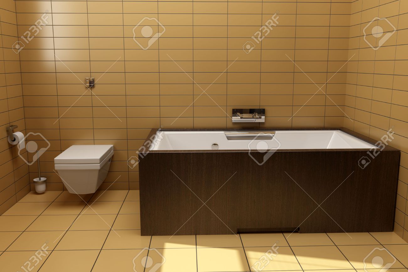 archivio fotografico bagno in stile giapponese con piastrelle marrone
