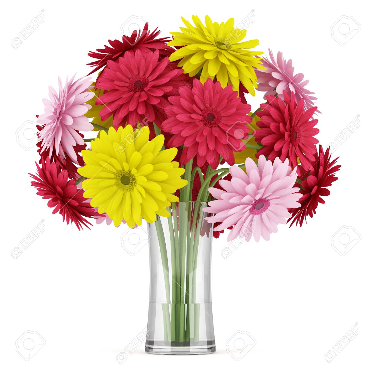 Bouquet De Fleurs Jaunes Rouges Et Roses Dans Un Vase Isolé Sur Fond Blanc