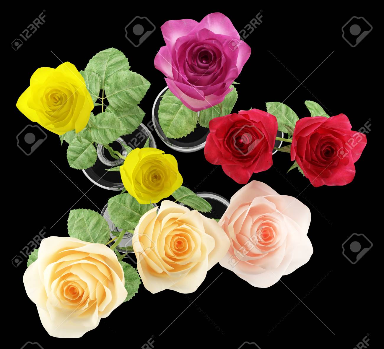 Top View Of Roses In Glass Vases Isolated On Black Background