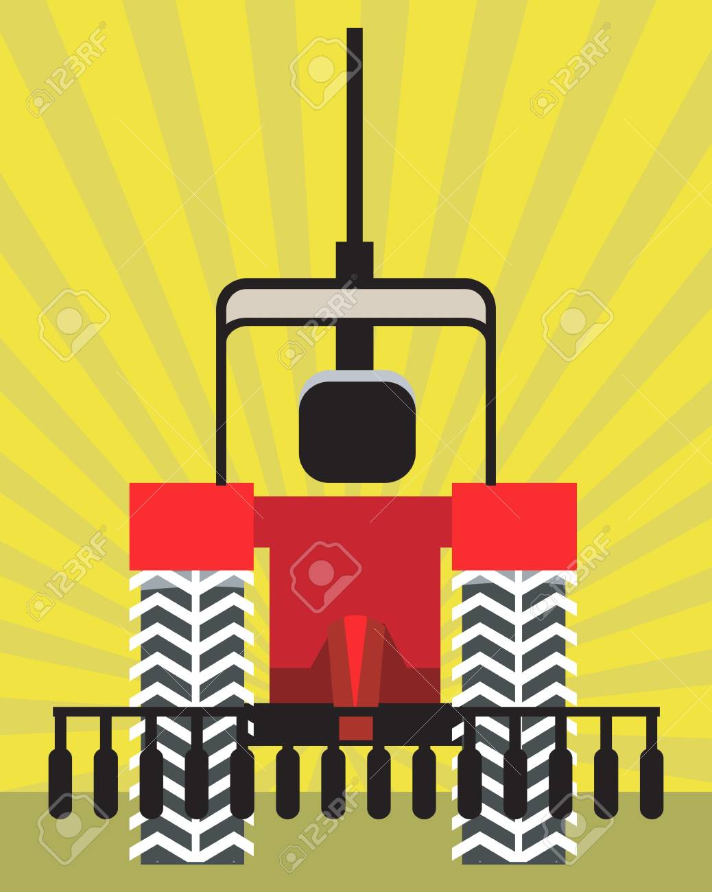 黄色の背景内のフィールドを耕すことトラクターのイラスト の写真素材 画像素材 Image