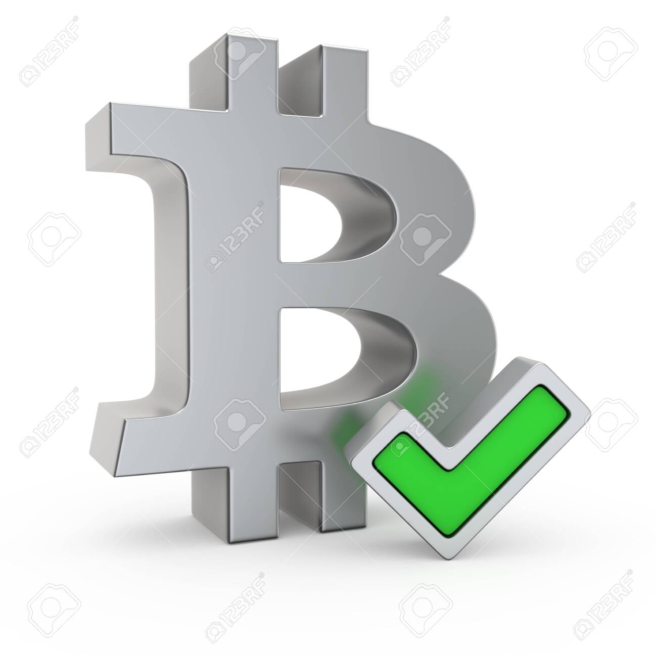 Metallic Bitcoin Symbol With Small Green Tick Mark Stock Photo, Picture and  Royalty Free Image. Image 26500131.