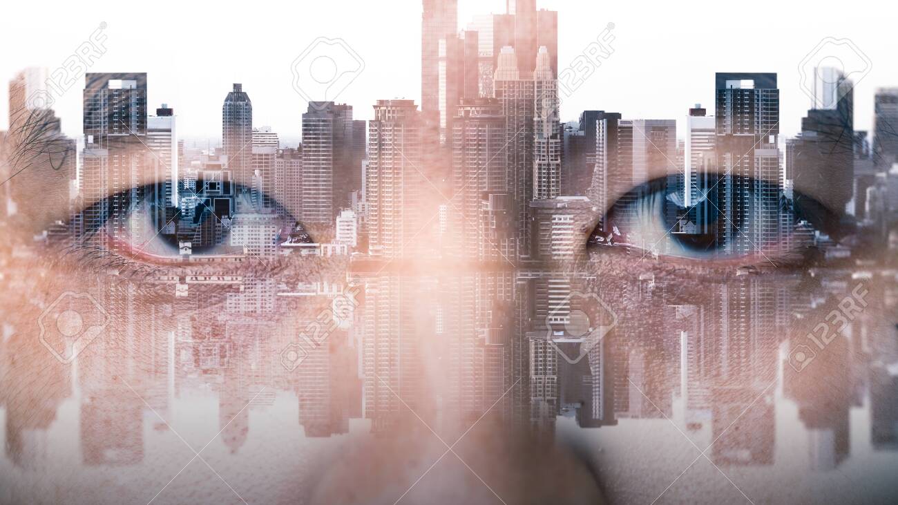 The double exposure image of the businessman's eye overlay with cityscape image. The concept of modern life, futuristic, technology, iris scanner and internet of things. - 138323244 The double exposure image of the businessman's eye overlay with cityscape image. The concept of modern life, futuristic, technology, iris scanner and internet of things. - 138323244