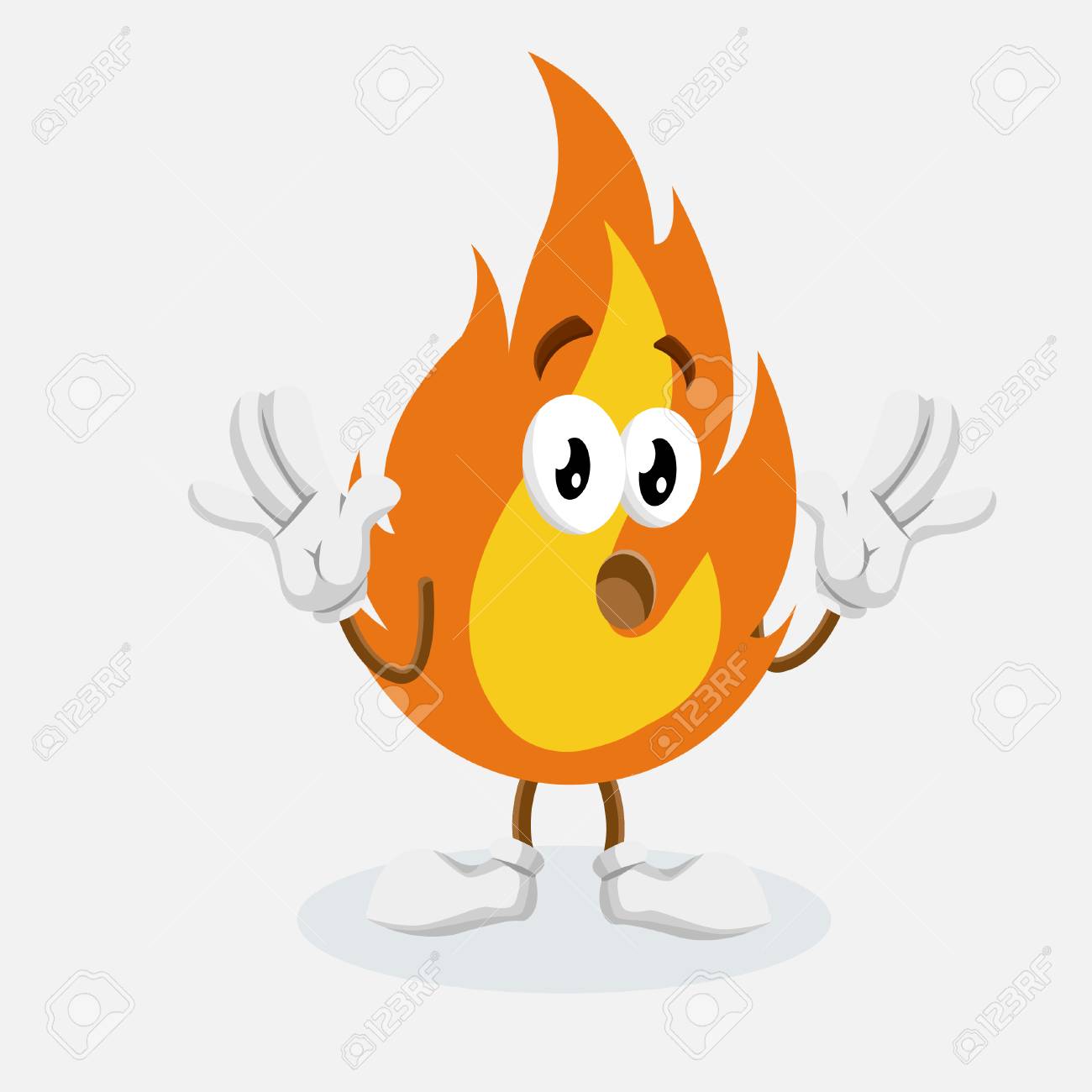 あなたのマスコットのブランディングのためのフラットなデザインスタイルで火のマスコットと背景の驚きのポーズ のイラスト素材 ベクタ Image