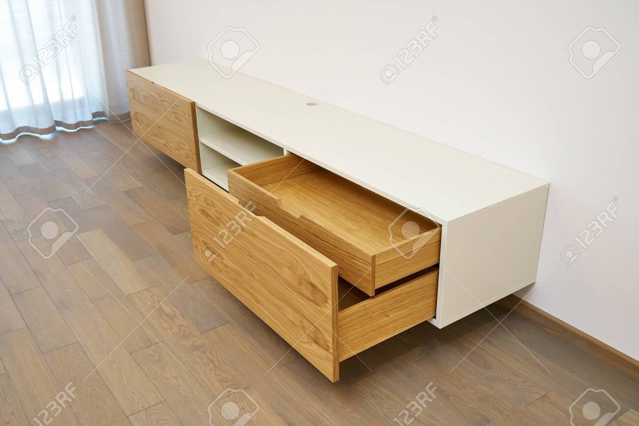 Contemporary Floating Media Cabinet In Living Room Wooden Wall