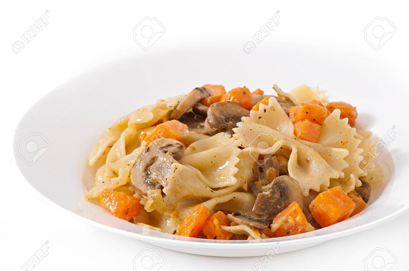 Pasta In Cream Sauce With Slices Of Pumpkin And Mushroom Stock Photo Picture And Royalty Free Image Image 33582726