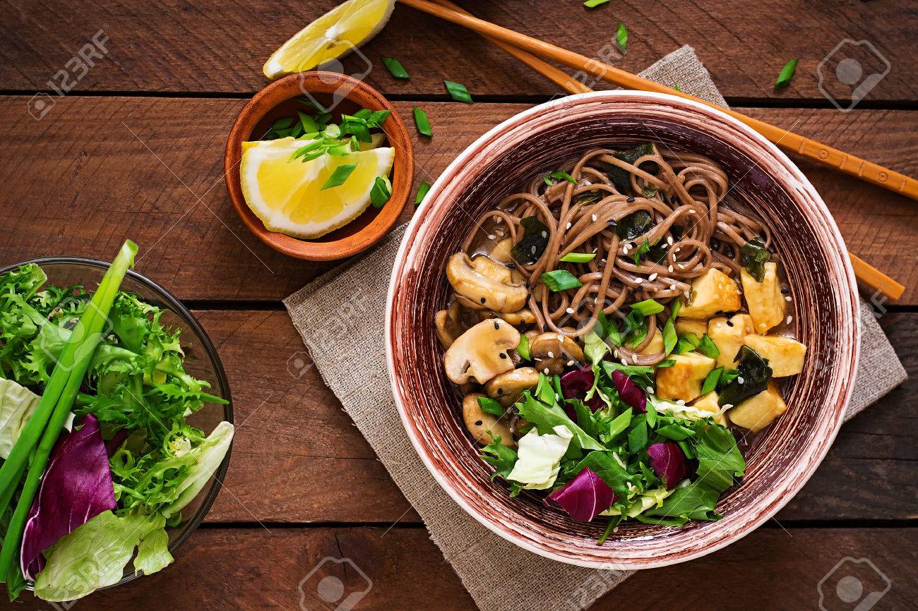 Miso And Soba Noodle Soup With Roasted Tofu Mushrooms Top View