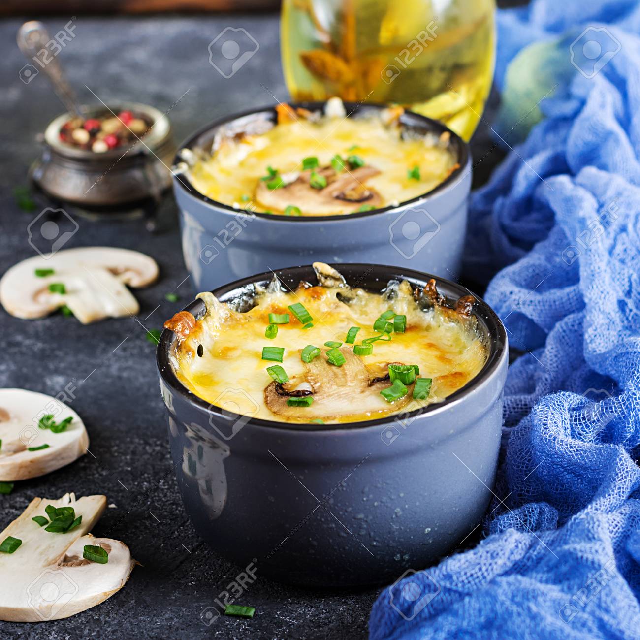 Baked Mushroom Julienne With Chicken And Cheese In Pots Stock Photo Picture And Royalty Free Image Image 115207242
