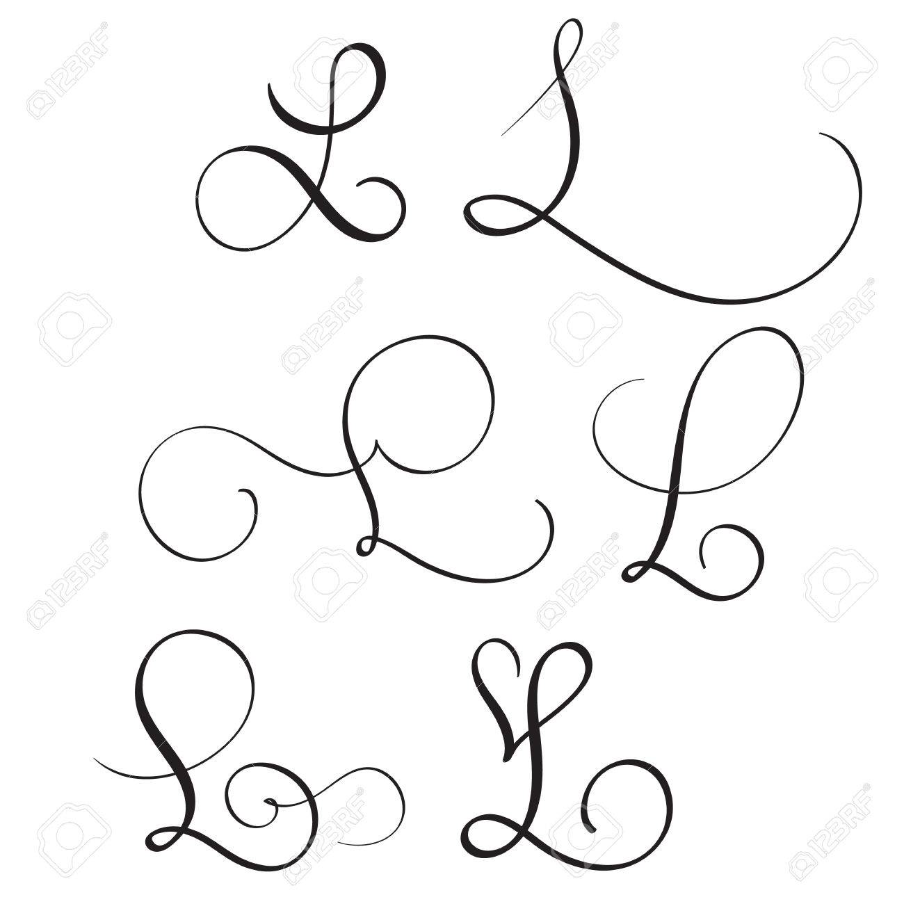 set of art calligraphy letter l with flourish of vintage decorative calligraphy letter l