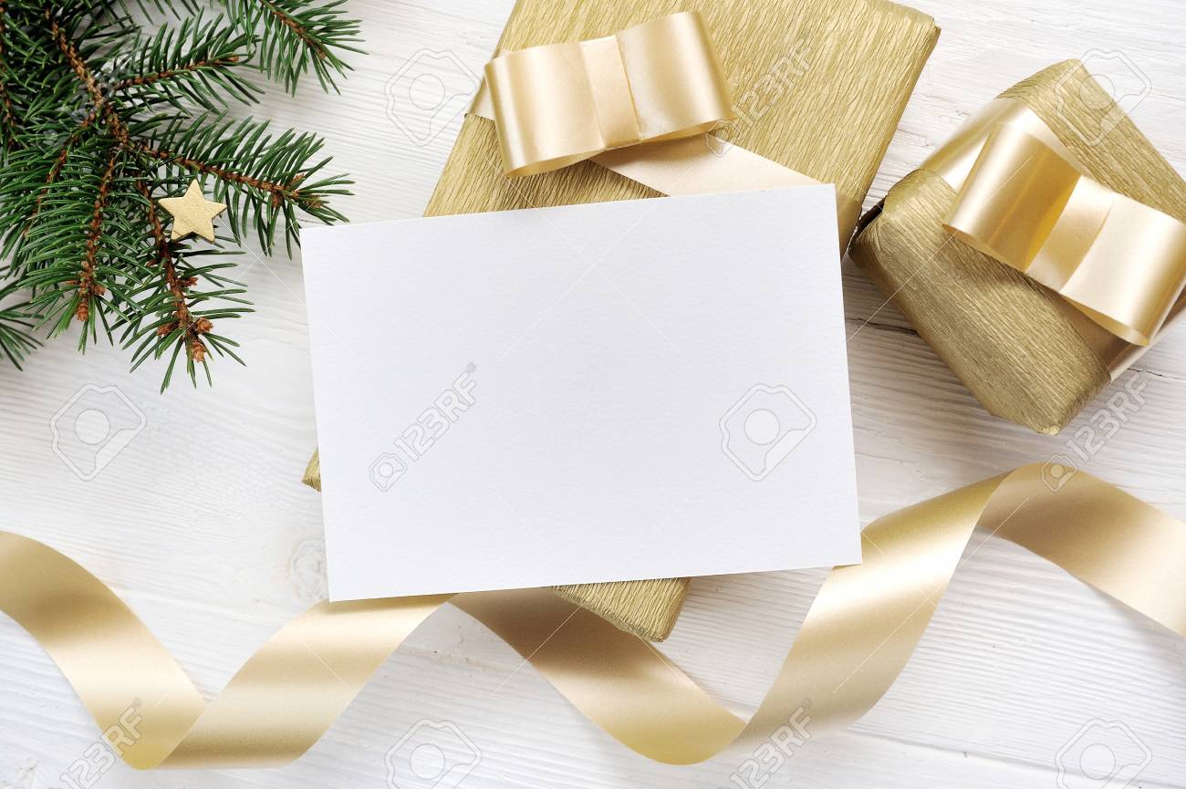 Download Mockup Christmas Greeting Card With Gold Gift Ribbon Flatlay Stock Photo Picture And Royalty Free Image Image 91311792 PSD Mockup Templates
