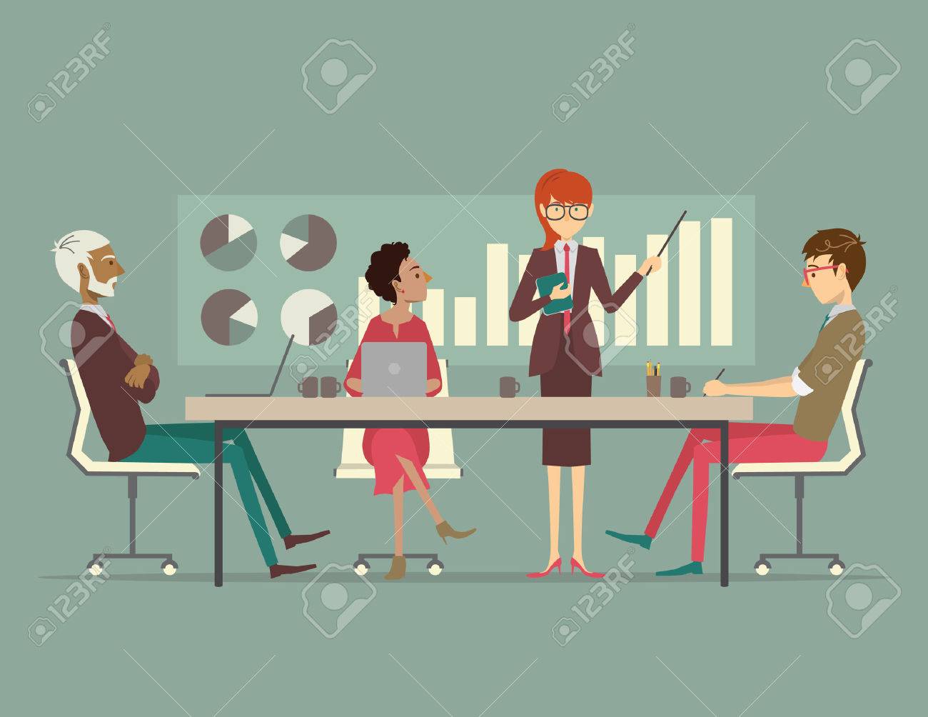 A group of coworkers gathered around a conference table listening to a presentation from a business man. - 37158065 A group of coworkers gathered around a conference table listening to a presentation from a business man. - 37158065