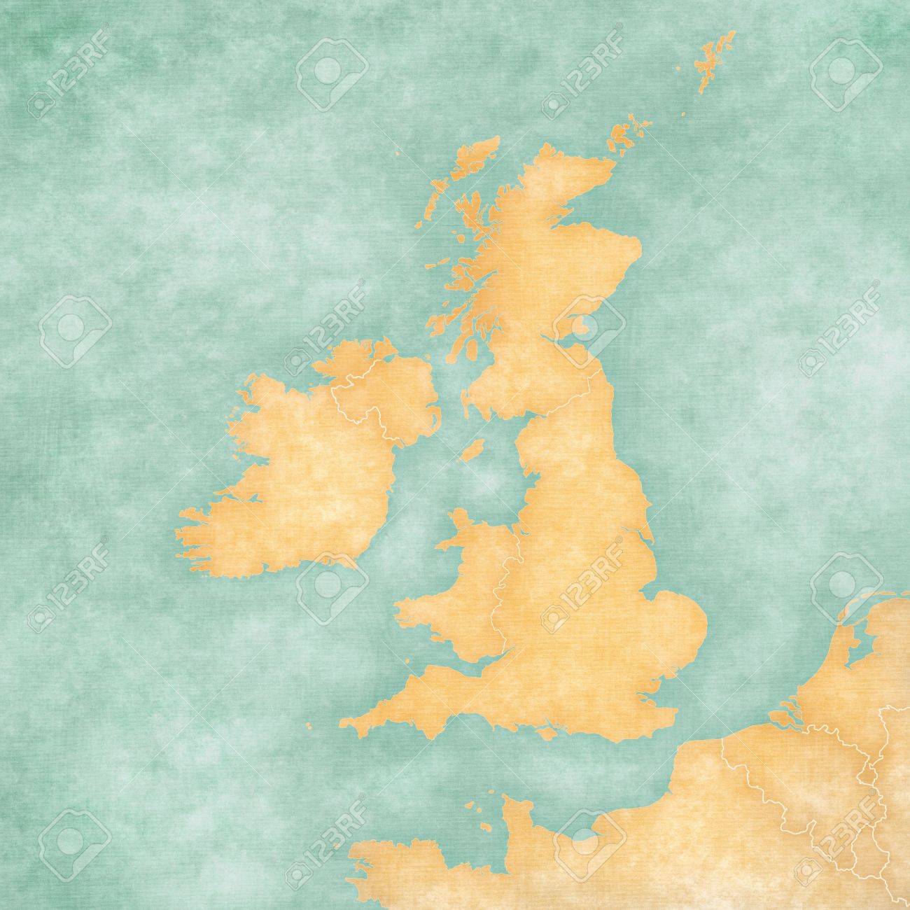 イギリス諸島の地図の白地図はビンテージ夏スタイルで日当たりの良い雰囲気マップ ソフト グランジとビンテージの雰囲気 水彩画として機能します の写真素材 画像素材 Image