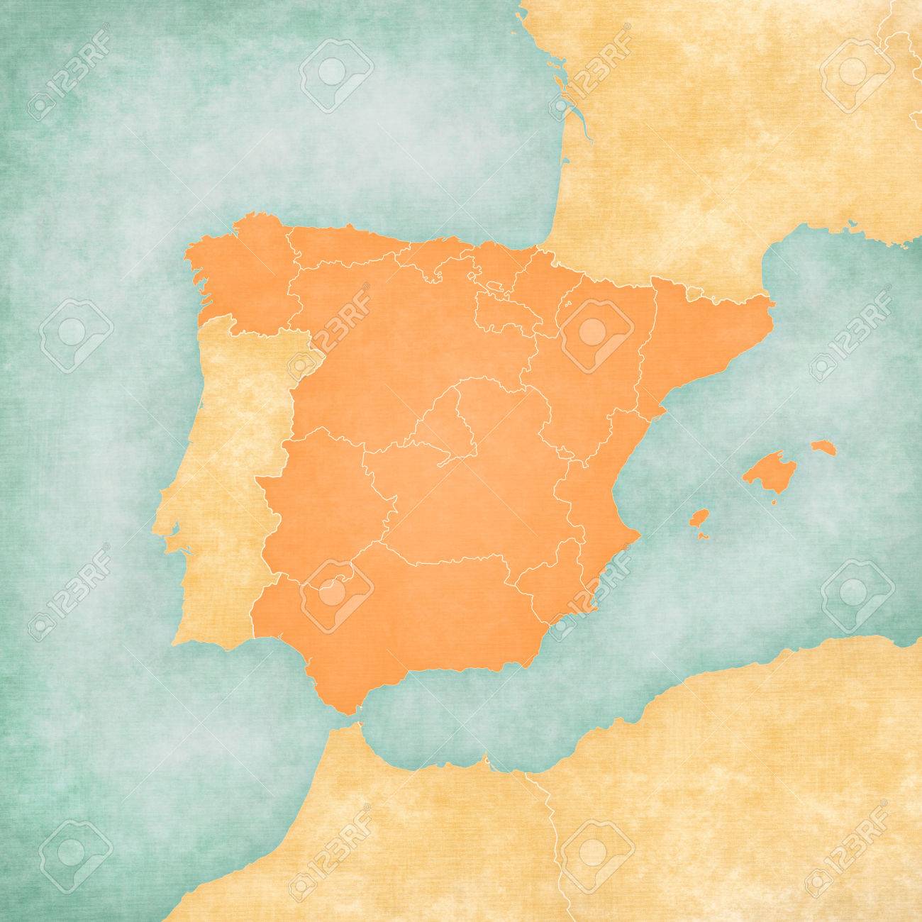 Espagne Carte Vierge Avec Des Frontieres Interieures Sur La Carte De La Peninsule Iberique En Grunge Doux Et Style Vintage Sur Vieux Papier Banque D Images Et Photos Libres De Droits Image