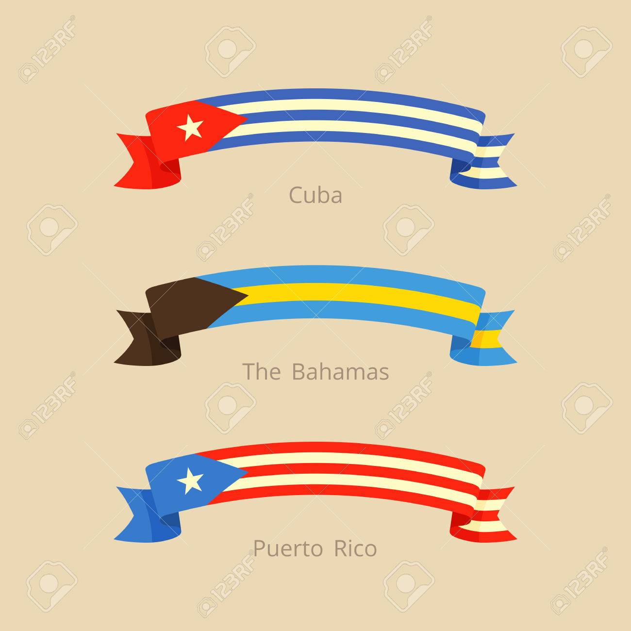 Ribbon With Flag Of Cuba The Bahamas And Puerto Rico In Flat