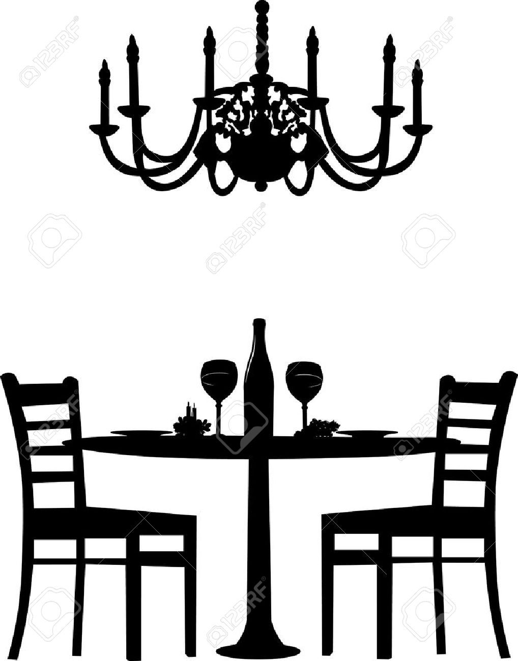 テーブルと 2 つのロマンチックなディナーと椅子 2 脚 キャンドルの装飾とワインと古いアンティークのシャンデリア 白い背景で隔離のシルエット の イラスト素材 ベクタ Image