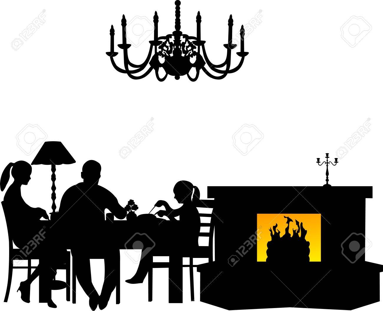 シルエットのレストランやダイニング ルームの暖炉の横にあるテーブルで彼らの夕食を持っている家族 のイラスト素材 ベクタ Image