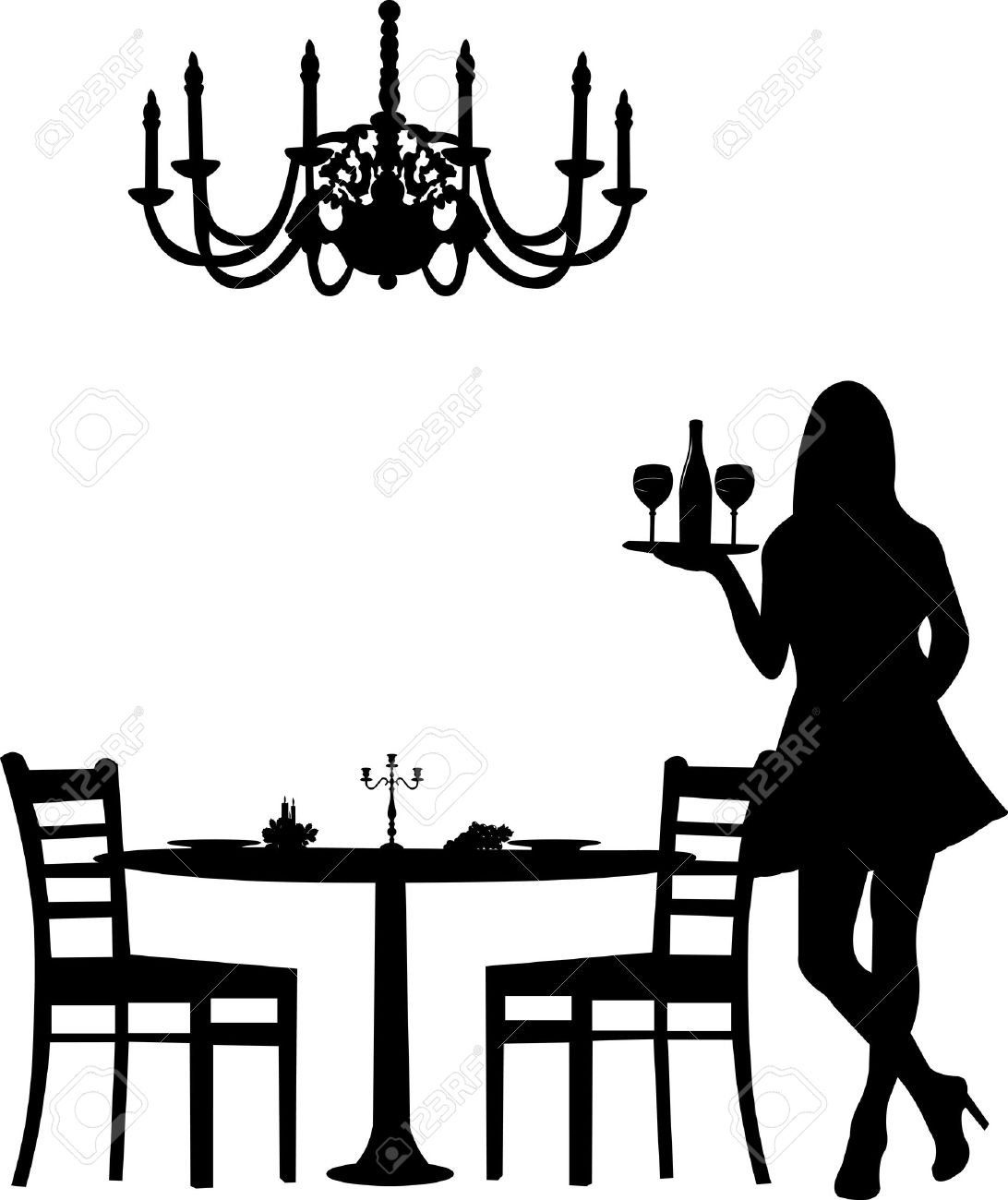 Romantisches Abendessen Für Zwei Personen Mit Tisch Und Zwei Wein Und Kerzen Auf Dem Tisch Und Stuhl Silhouette