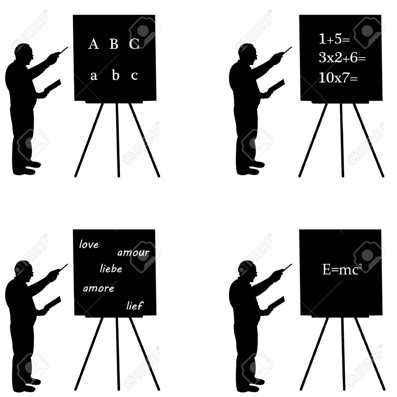 異なる学校の科目のシルエットで教育委員会の前に本を持つ高齢の学校の先生は 同様の画像のシリーズの一つのイラスト素材 ベクタ Image