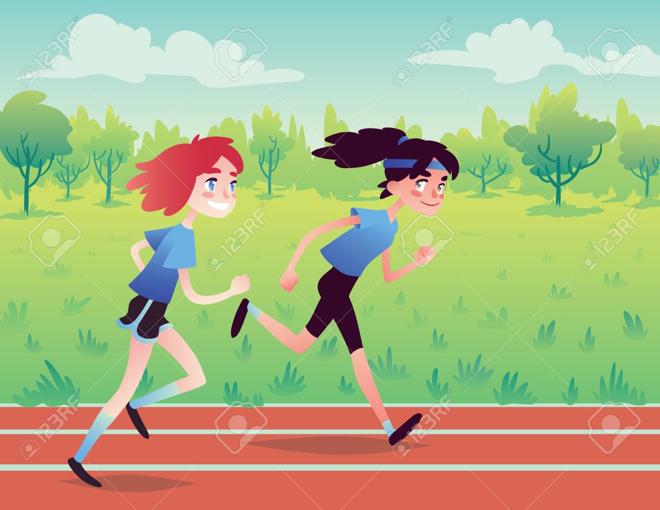 公園を走っているかわいい若い女の子 のイラスト素材 ベクタ Image
