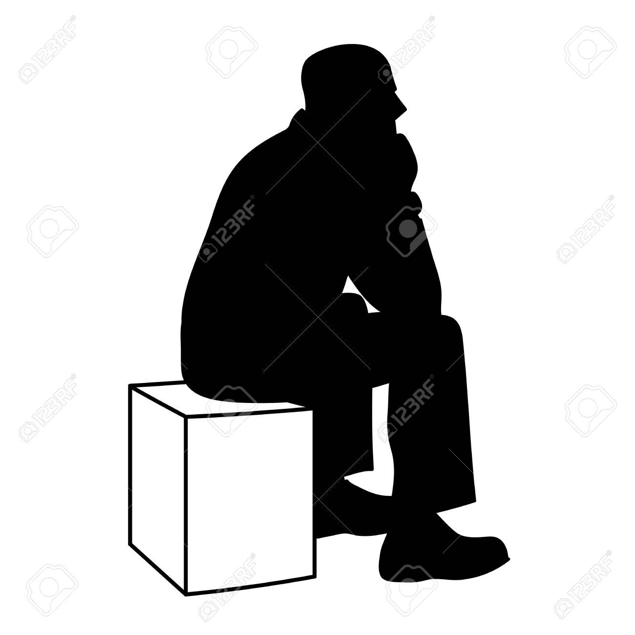 Man sitting on box. Black silhouette isolated on white background. Concept. Vector illustration of old man sitting on cube putting elbows on his knees. Stencil. Monochrome minimalism. - 124856679 Man sitting on box. Black silhouette isolated on white background. Concept. Vector illustration of old man sitting on cube putting elbows on his knees. Stencil. Monochrome minimalism. - 124856679