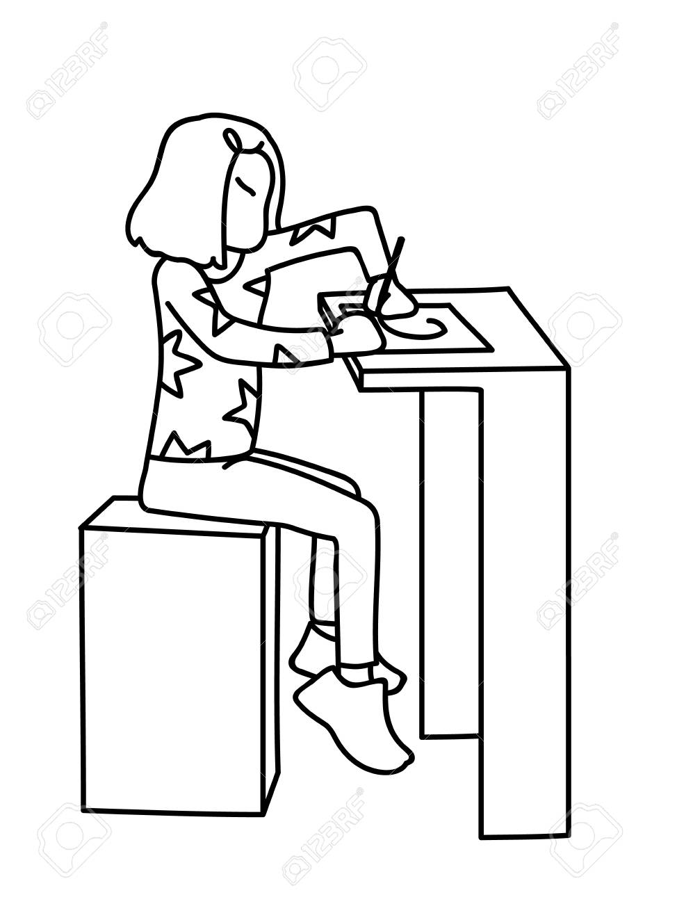 little girl sitting at table and drawing or writing on list of paper with lines for writing