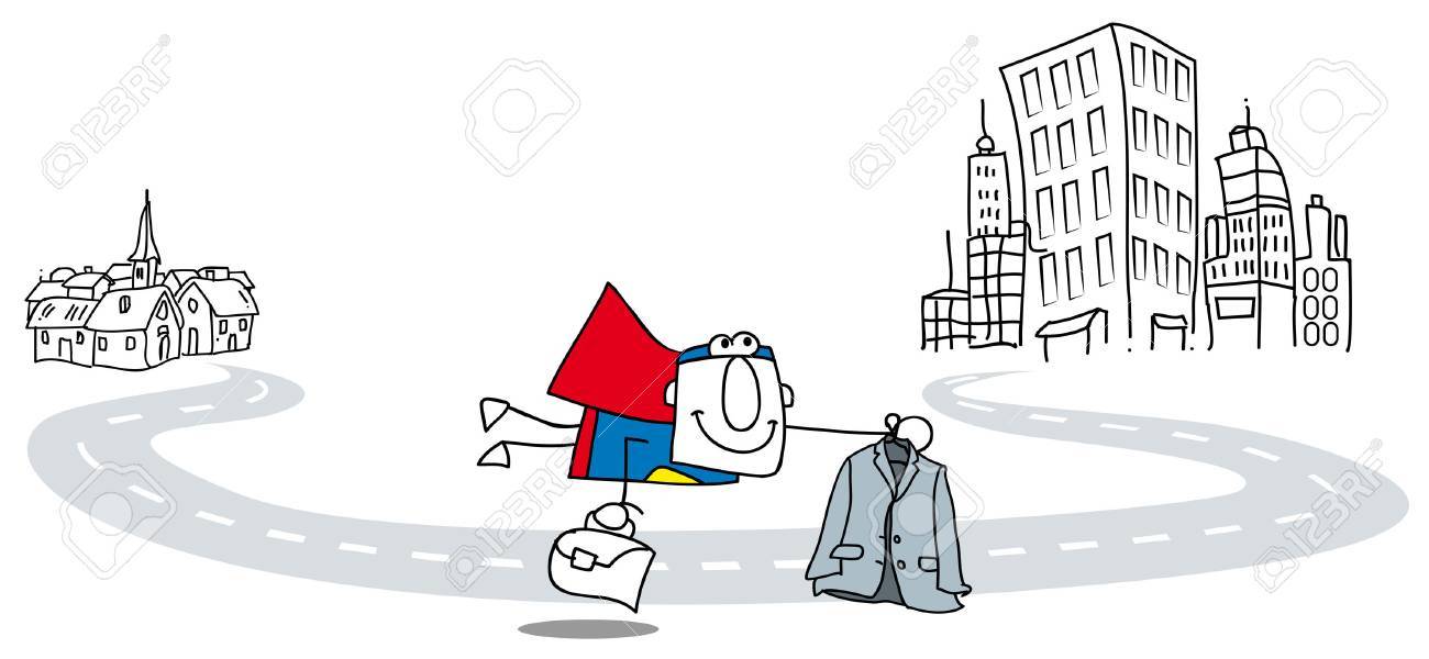 ブリーフケースを使って仕事をそれ S ビジネスマンのキャリア開発のメタファーに合うスーパー ビジネス男に飛ぶ のイラスト素材 ベクタ Image