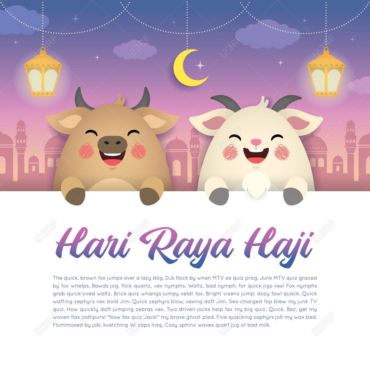 Eid Al-Adha Or Hari Raya Haji, The Festival Of The Sacrifice. Cute Cartoon Cow And Goat With Greeting Text & Mosque. Kurban Bayrami In Flat Vector Illustration. Royalty Free SVG, Cliparts, Vectors, Eid Al-Adha Or Hari Raya Haji, The Festival Of The Sacrifice. Cute Cartoon Cow And Goat With Greeting Text & Mosque. Kurban Bayrami In Flat Vector Illustration. Royalty Free SVG, Cliparts, Vectors,