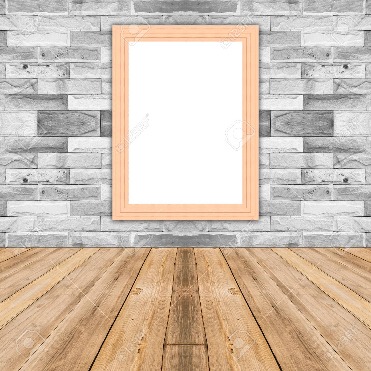 blank maize wooden photo frame leaning at white brick wall template